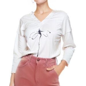 C.o.z.y Cotton Dragonfly Print Notch Neck T-Shirt, Casual Long Sleeve Top Sz L